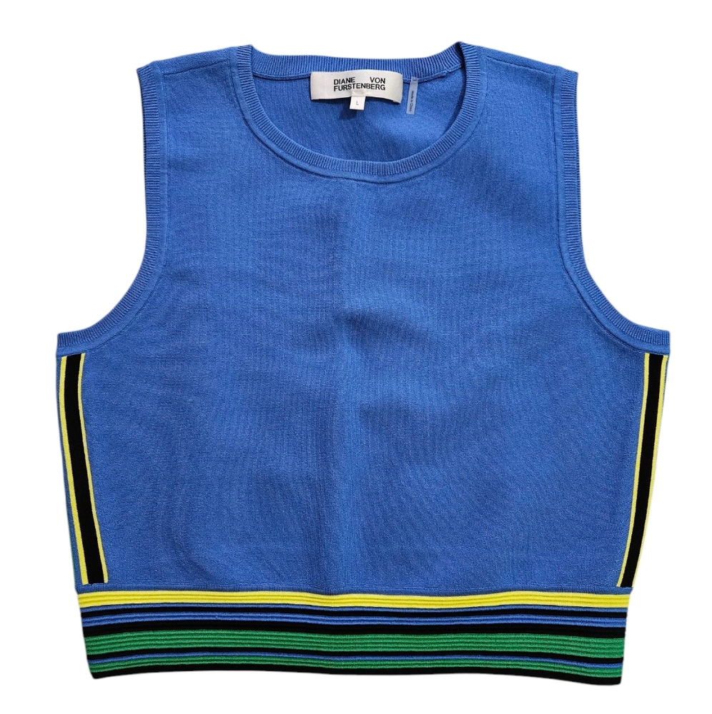 DVF Kamari Blue Sleeveless Crop Top with Stripes, L